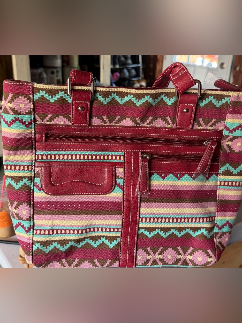 Red Patterned Tote Bag with Leather Trim